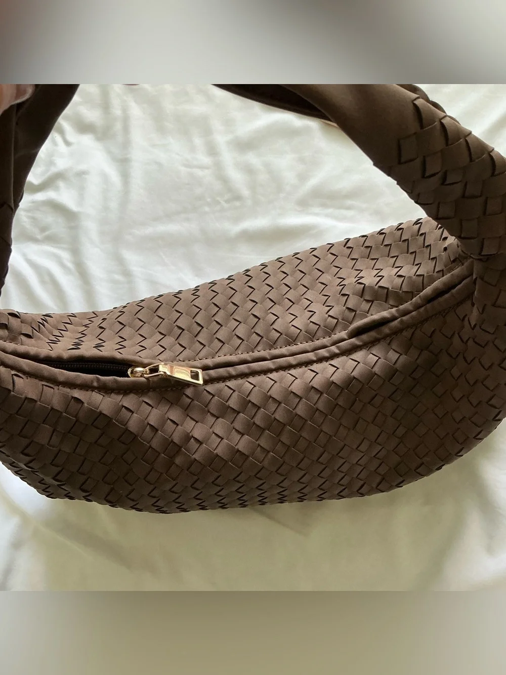 Intrecciato Style Shoulder Bag Woven Faux Leather Hobo Slouchy Brown Braided